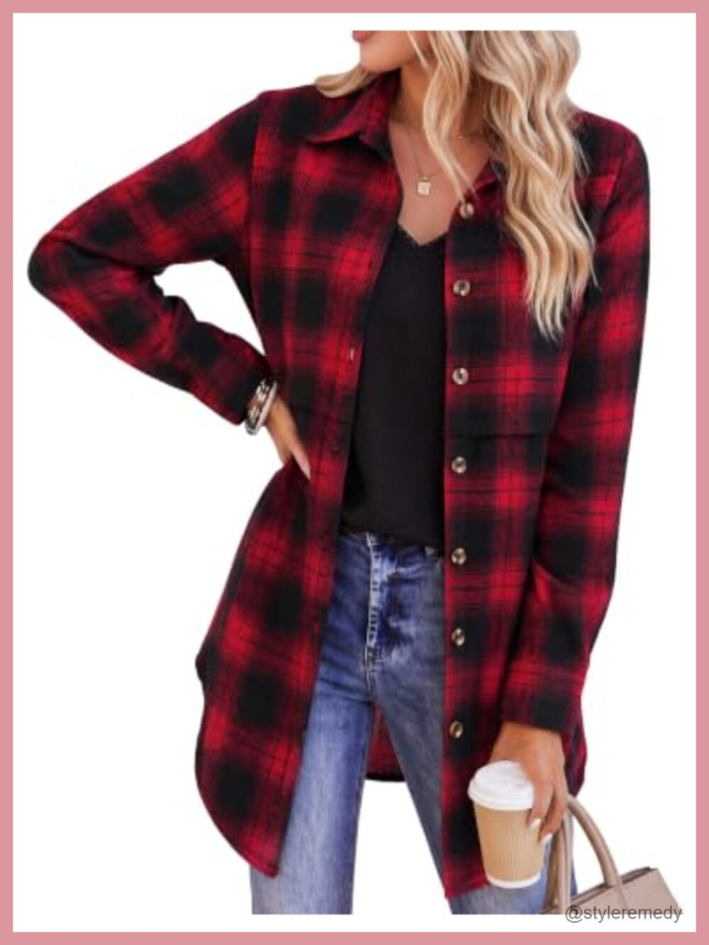 Plaid Flannel Button Down Shirt Long Sleeve Mid Length Tunic Top